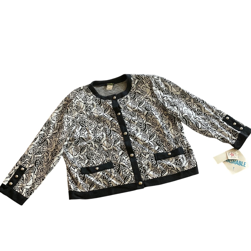 A.S.‎ Elliot Cardigan Women 22W Black White Rose Floral Knit Button Front NWT